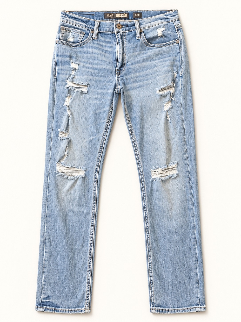 BKE Jake Mens Straight Leg Jeans 32R Light Wash Distressed Ripped Denim